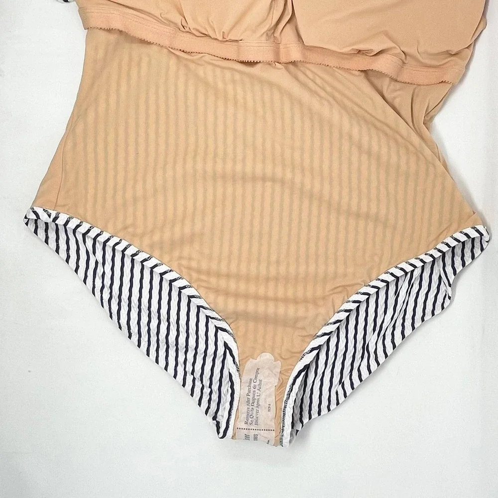 J Crew One Piece Swimsuit Wms XXL Navy Blue White Stripe Nautical Tie Shoulder
